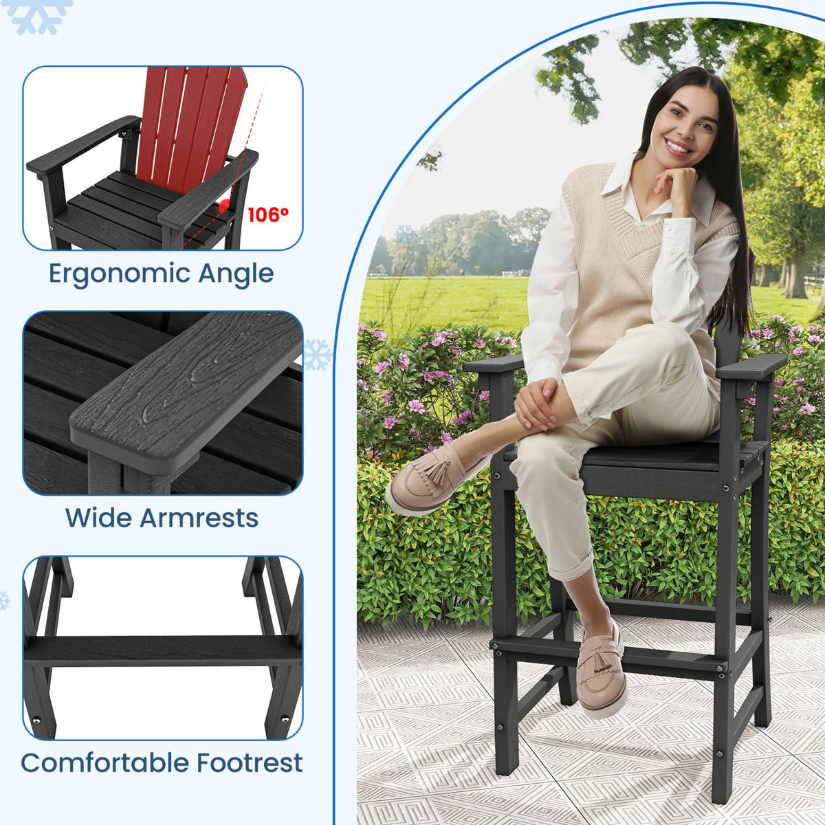 Set of 2 Counter Height Outdoor HDPE Bar Stool with Armrests and Footrest-Black view 7