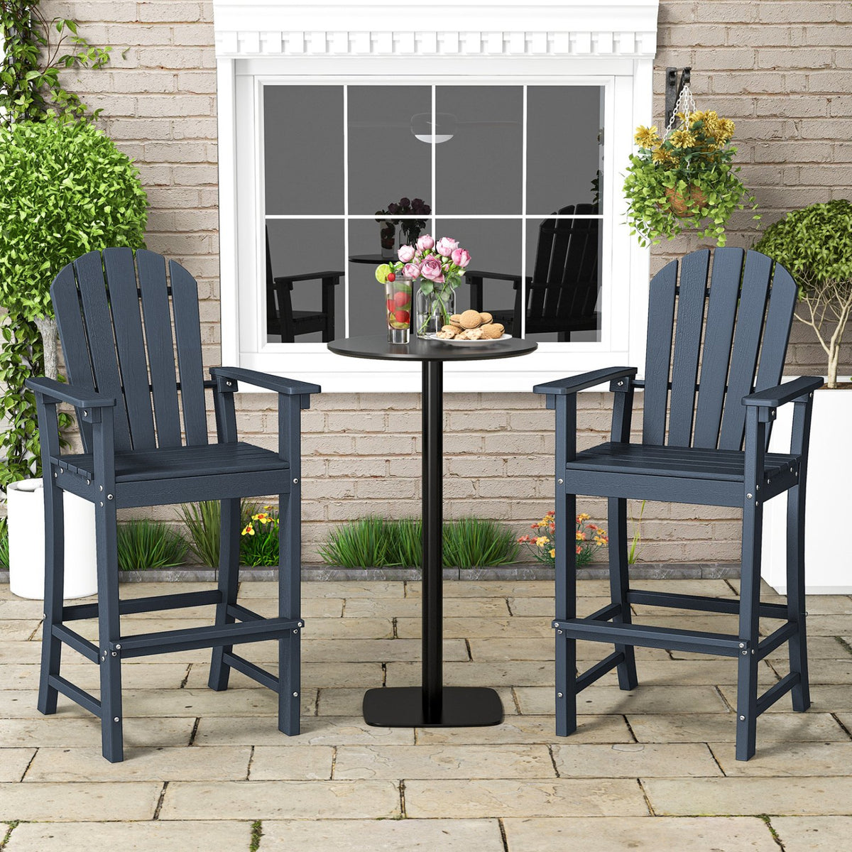 Set of 2 Counter Height Outdoor HDPE Bar Stool with Armrests and Footrest-Navy view 3