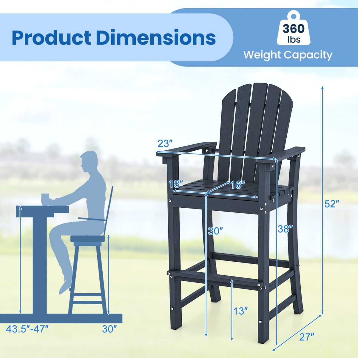 Set of 2 Counter Height Outdoor HDPE Bar Stool with Armrests and Footrest-Navy view 4