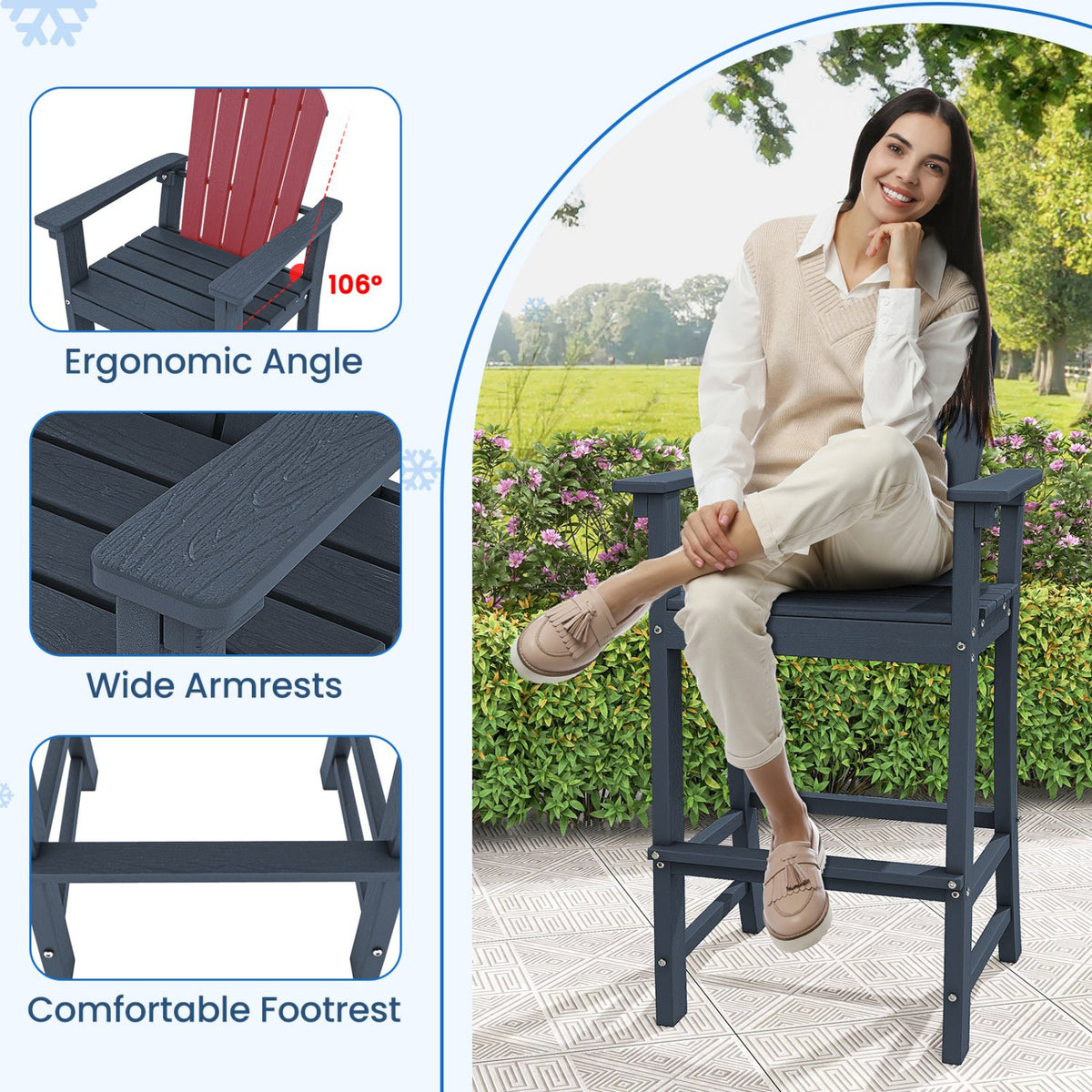 Set of 2 Counter Height Outdoor HDPE Bar Stool with Armrests and Footrest-Navy view 7