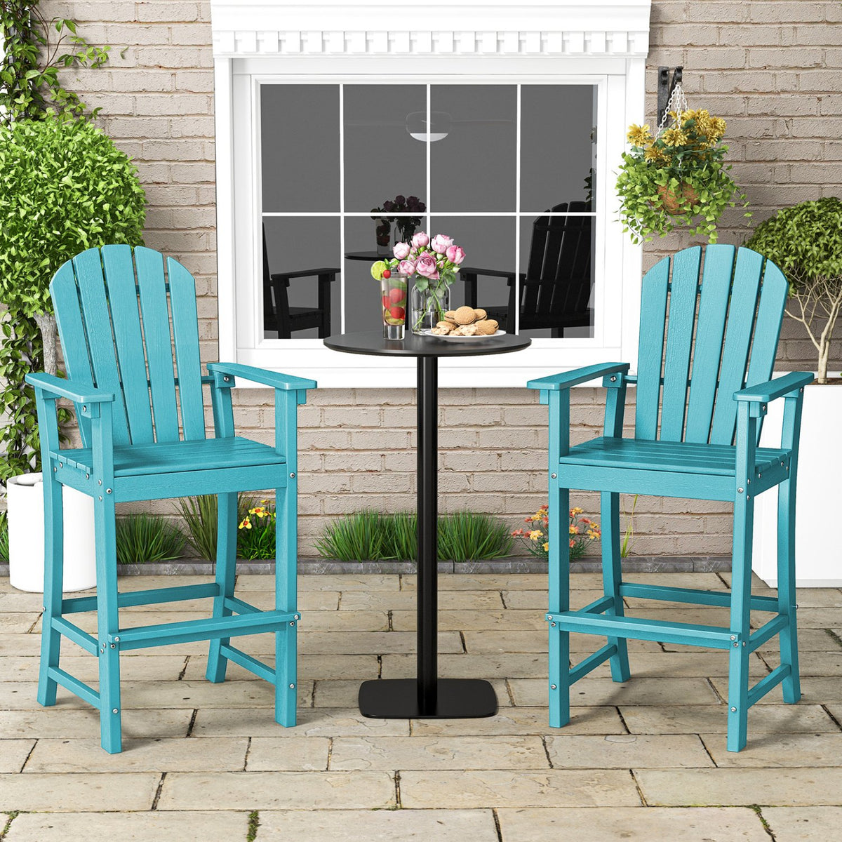 Set of 2 Counter Height Outdoor HDPE Bar Stool with Armrests and Footrest-Turquoise view 3
