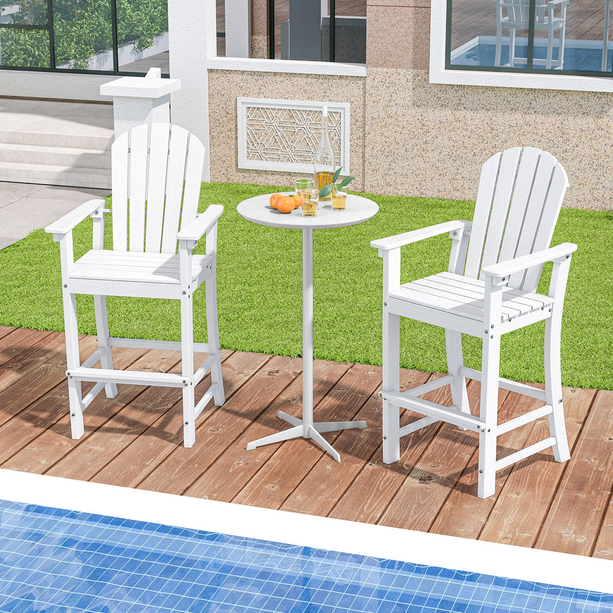 Set of 2 Counter Height Outdoor HDPE Bar Stool with Armrests and Footrest-White view 2