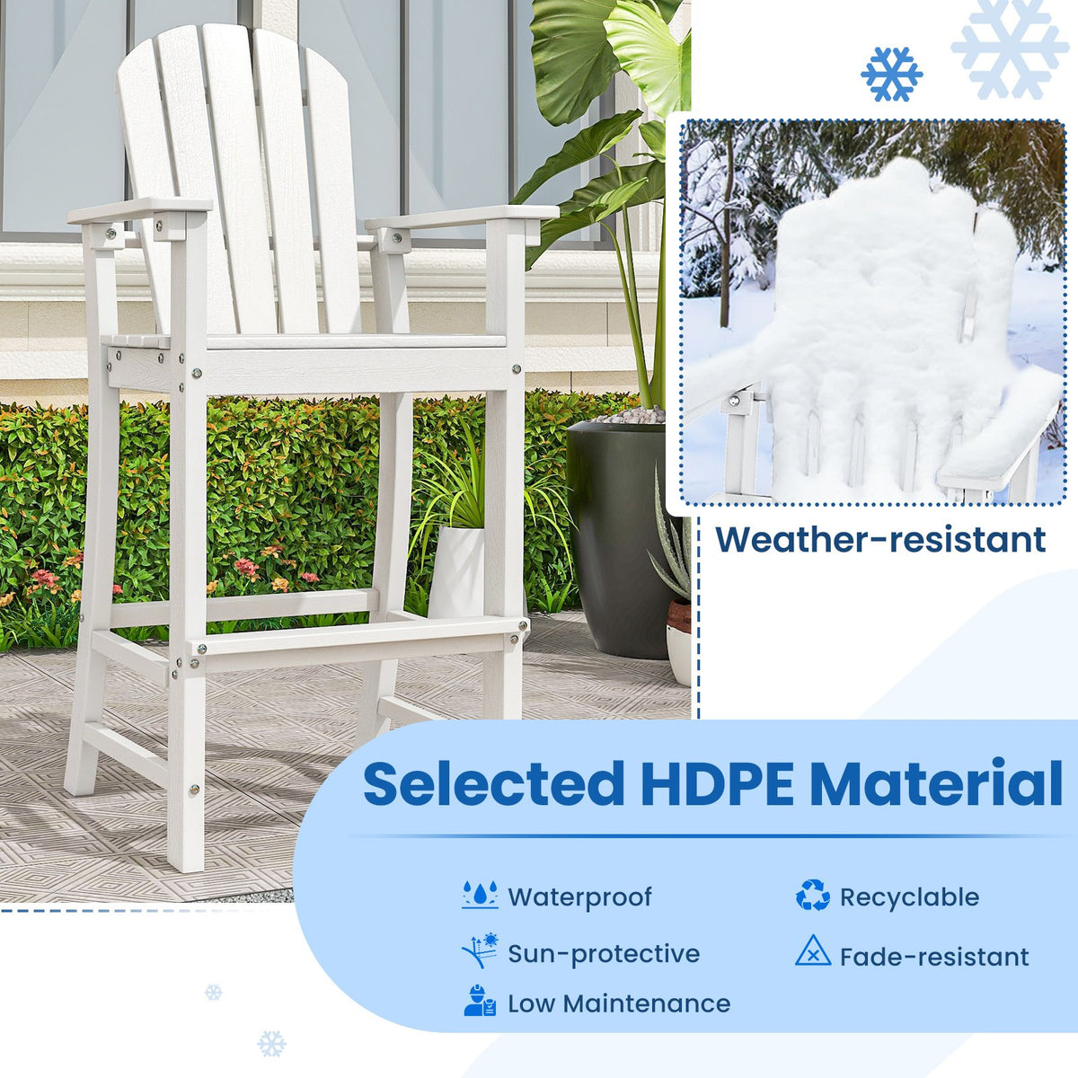 Set of 2 Counter Height Outdoor HDPE Bar Stool with Armrests and Footrest-White view 5