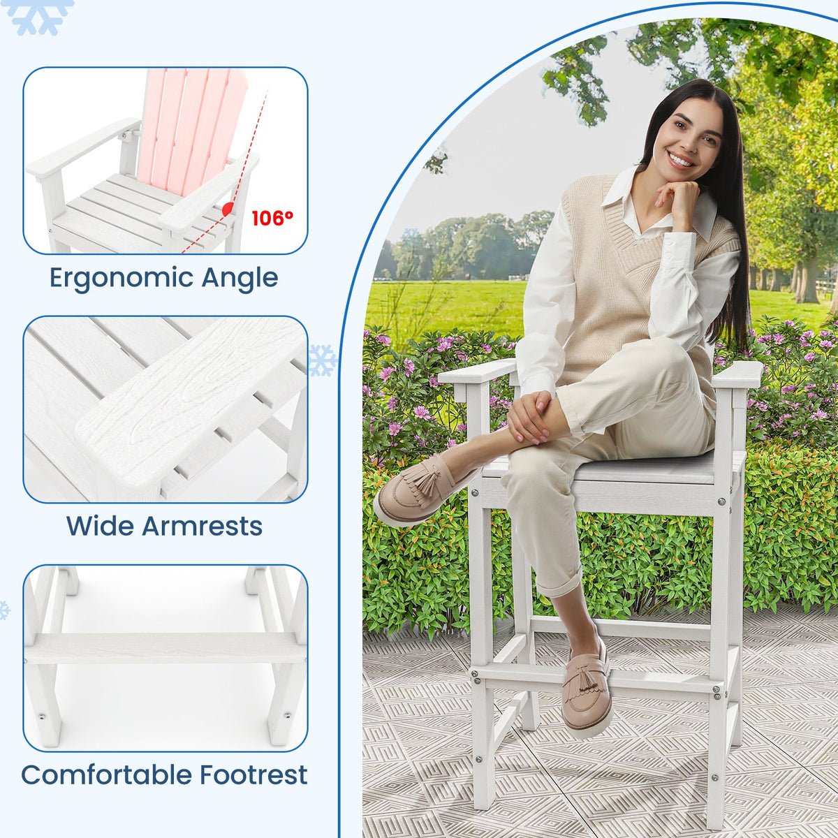 Set of 2 Counter Height Outdoor HDPE Bar Stool with Armrests and Footrest-White view 6