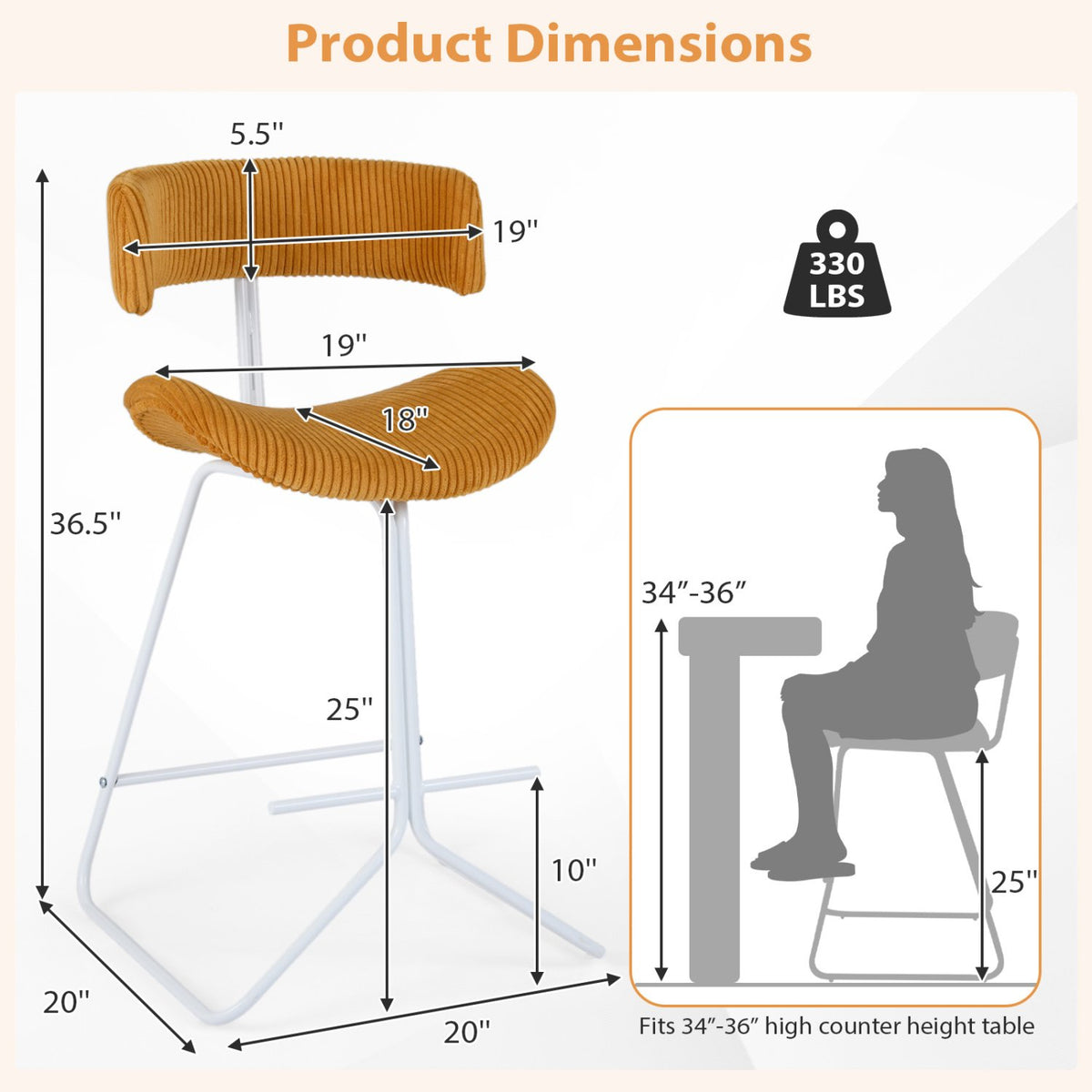 Set of 2 Counter Height Stools 25 Inch Armless Barstools with Padded Seat and Footrest-Orange view 4