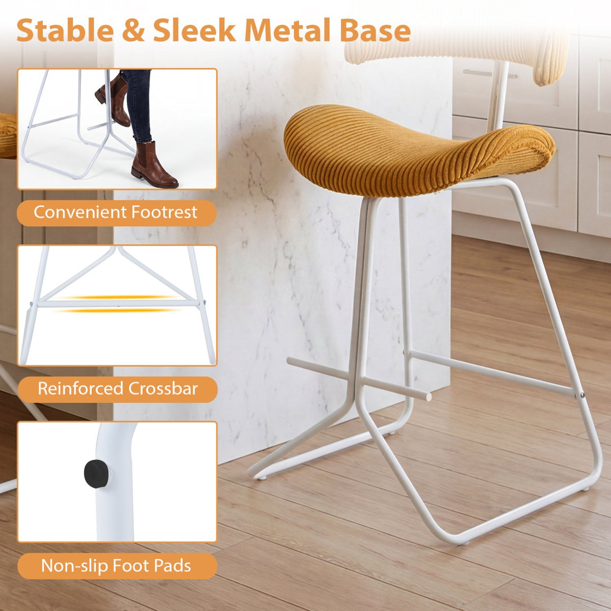 Set of 2 Counter Height Stools 25 Inch Armless Barstools with Padded Seat and Footrest-Orange view 9
