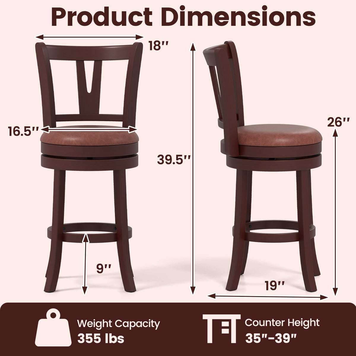 Set of 2 Counter Height Swivel Barstools with High Backs and Footrests-26 inches view 3
