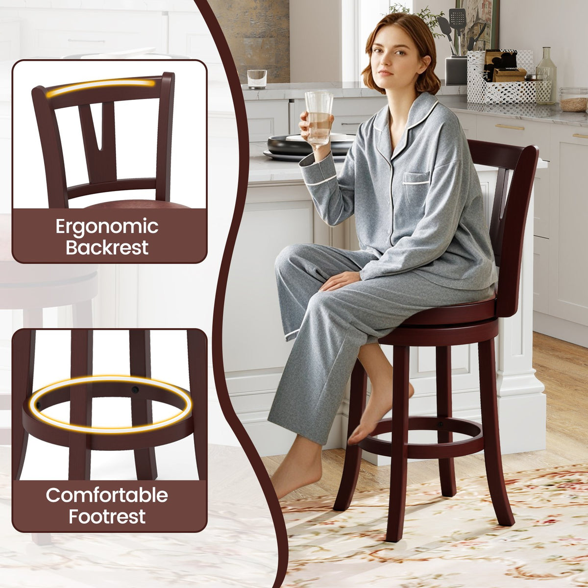 Set of 2 Counter Height Swivel Barstools with High Backs and Footrests-26 inches view 5