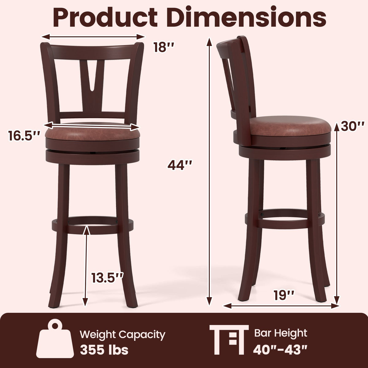 Set of 2 Counter Height Swivel Barstools with High Backs and Footrests-30 inches view 3