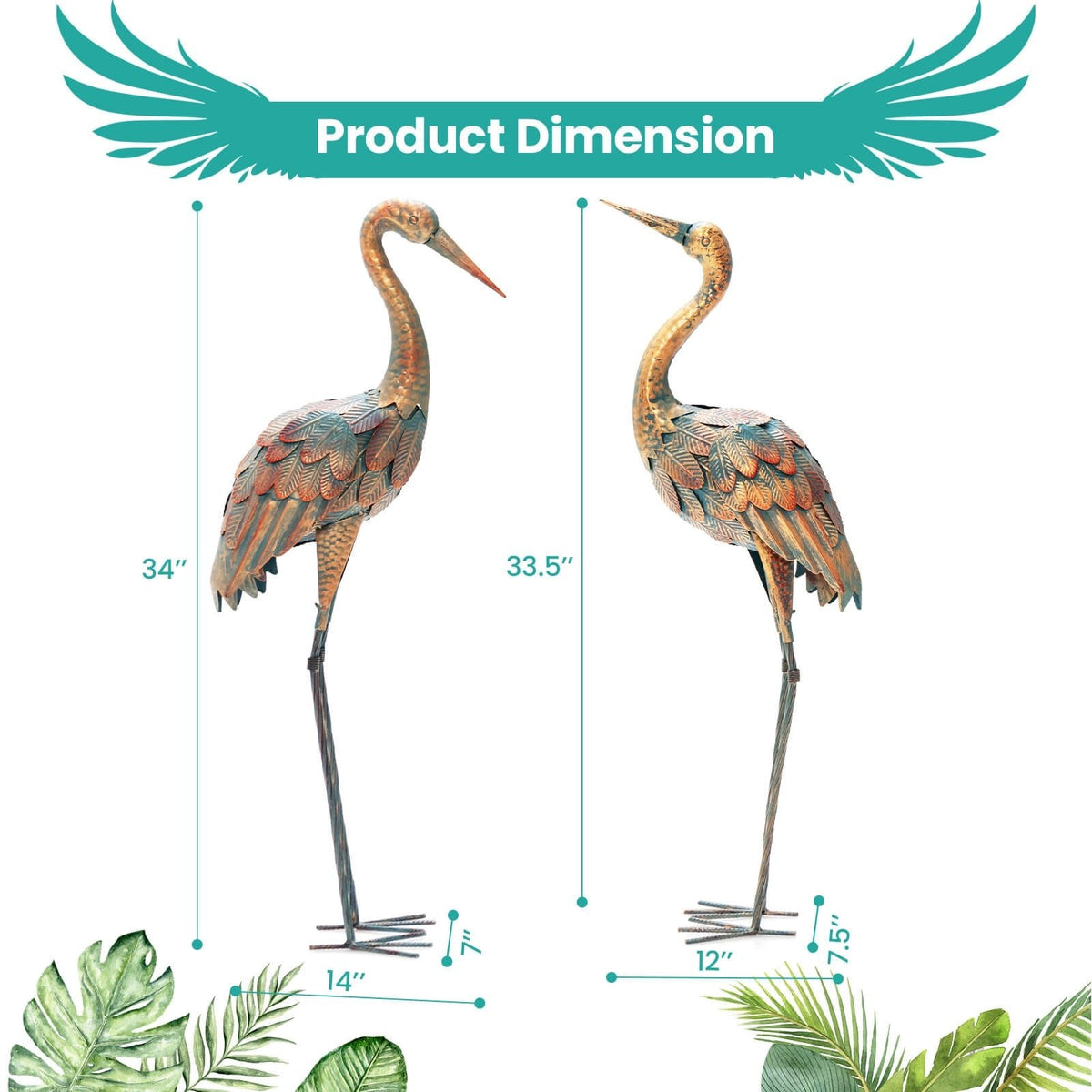Set of 2 Crane Garden Statues Standing Metal Crane Sculptures Bird view 4