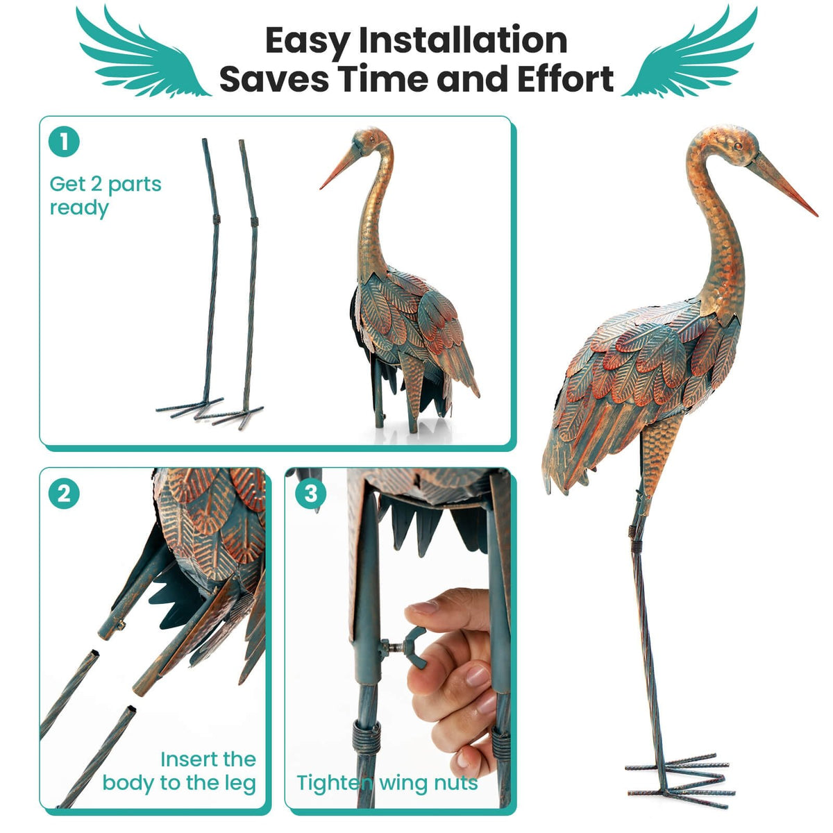 Set of 2 Crane Garden Statues Standing Metal Crane Sculptures Bird view 5