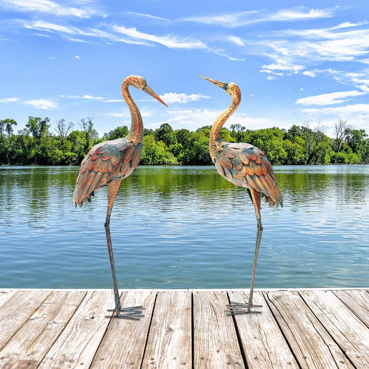 Set of 2 Crane Garden Statues Standing Metal Crane Sculptures Bird view 7