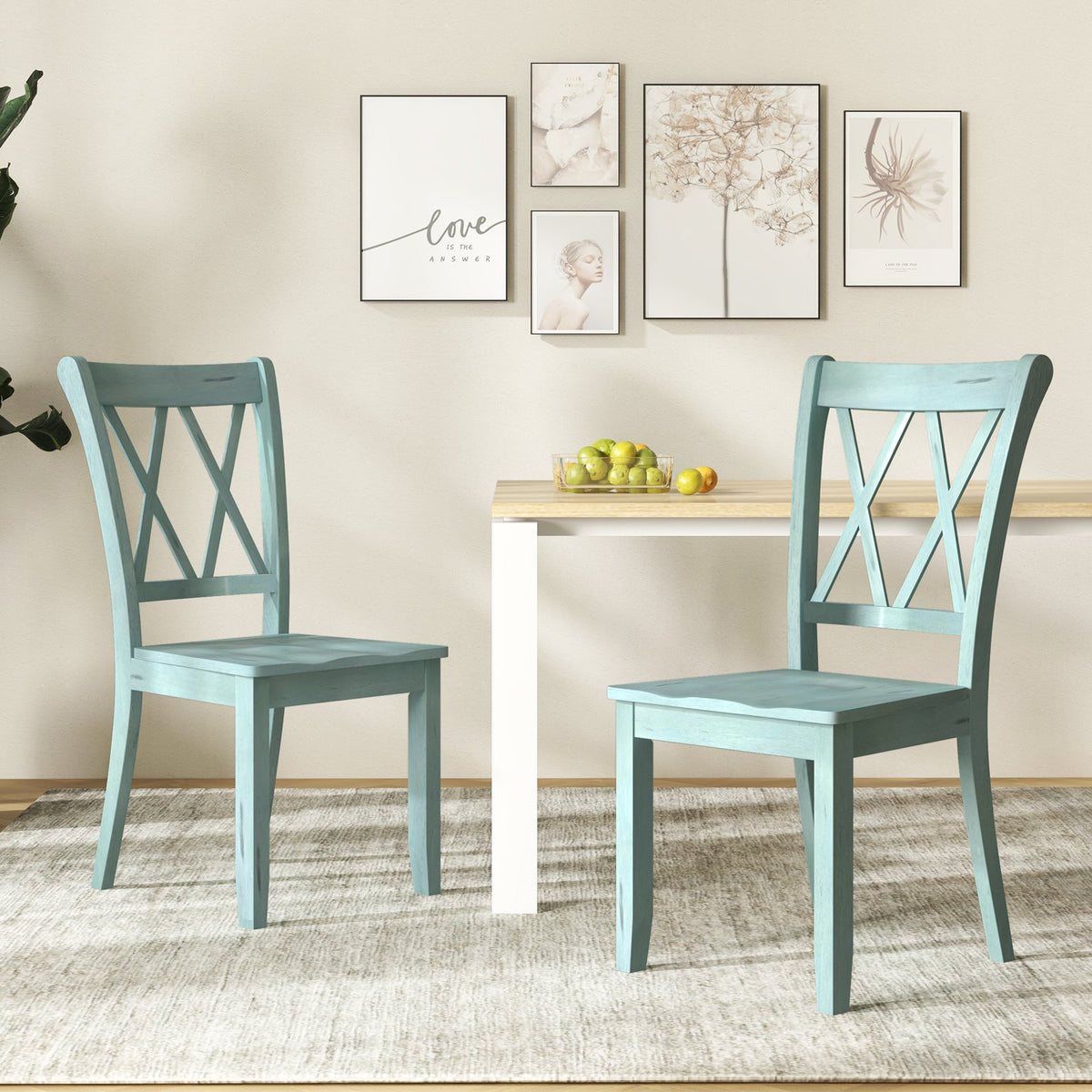 Set of 2 Cross Back Rubber Wood Dining Chairs-Green view 2