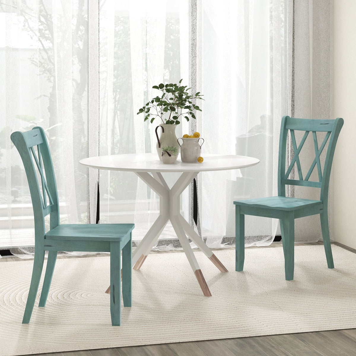 Set of 2 Cross Back Rubber Wood Dining Chairs-Green view 3