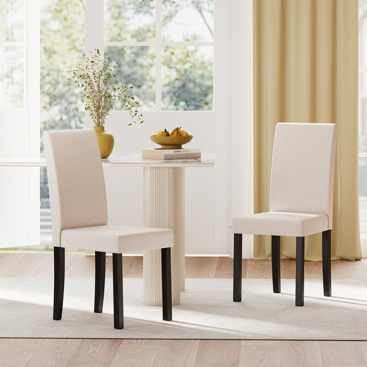 Set of 2 Dining Chair Mid-Century Modern Fabric Upholstered Parson Chairs-Beige view 2