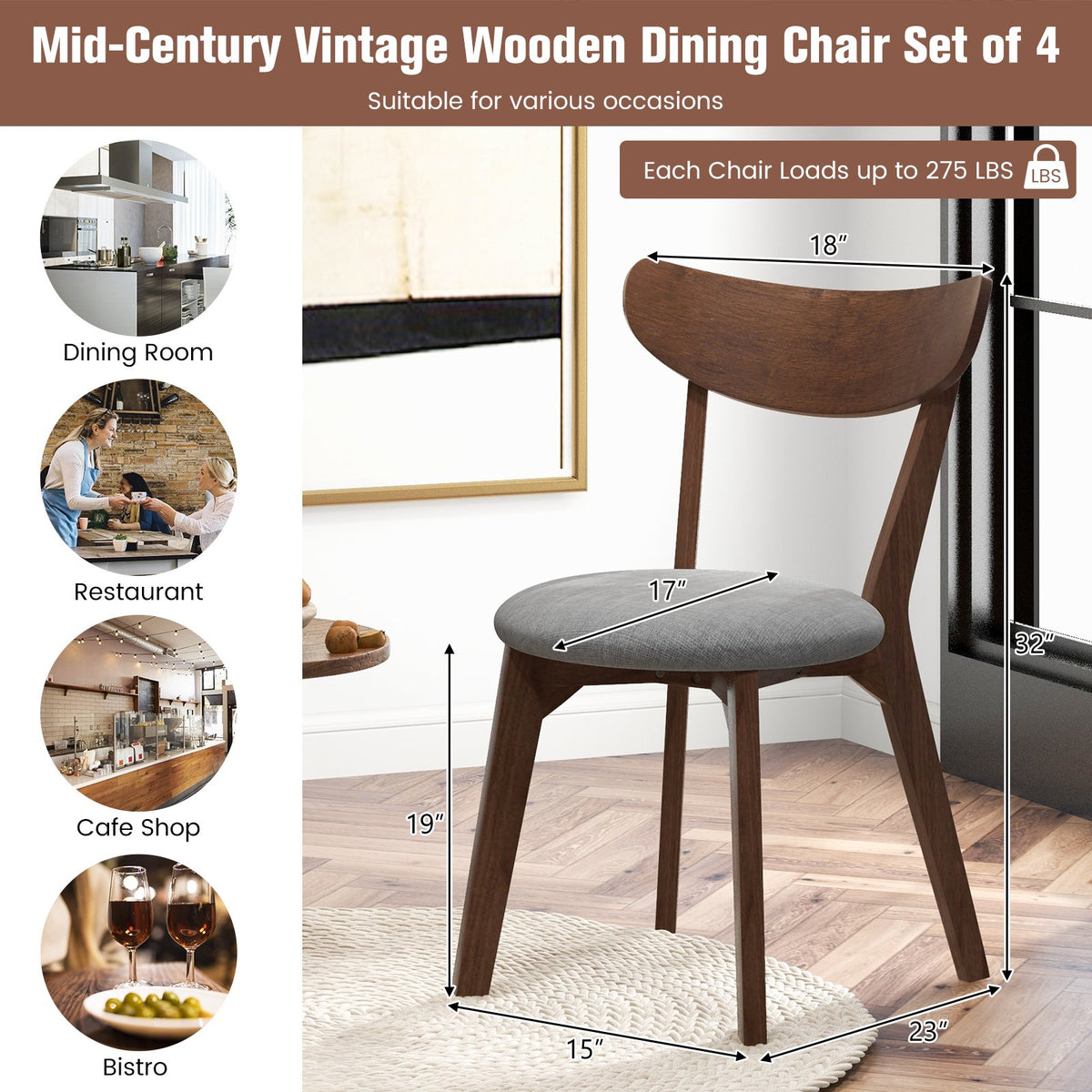 Set of 2 Dining Chairs Upholstered Curved Back Side view 5