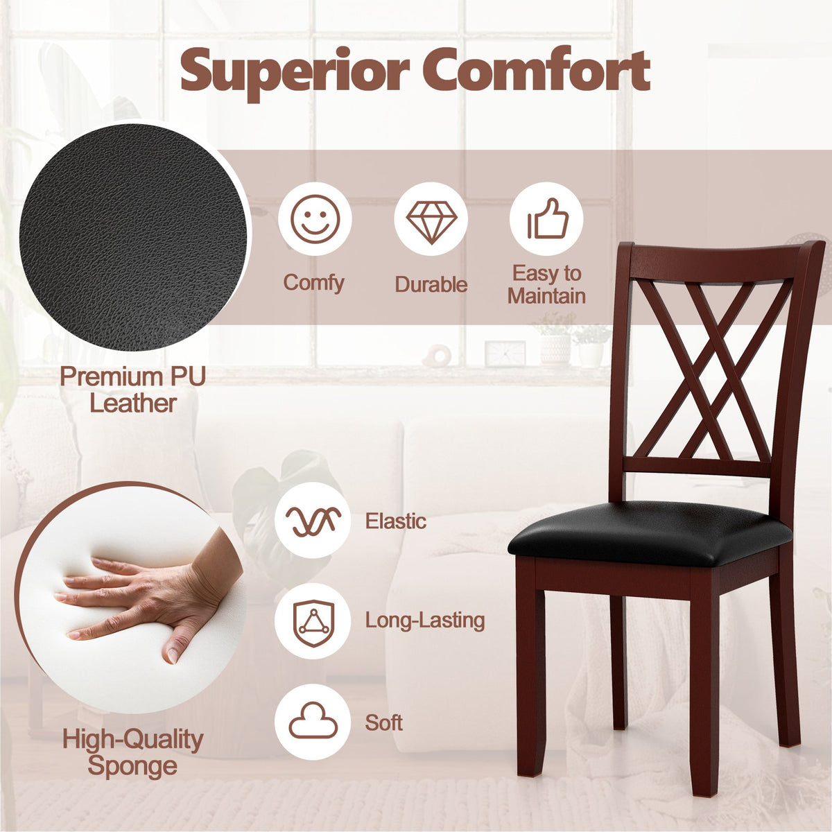 Set of 2 Dining Chair with Backrest and Padded Seat-Brown view 5