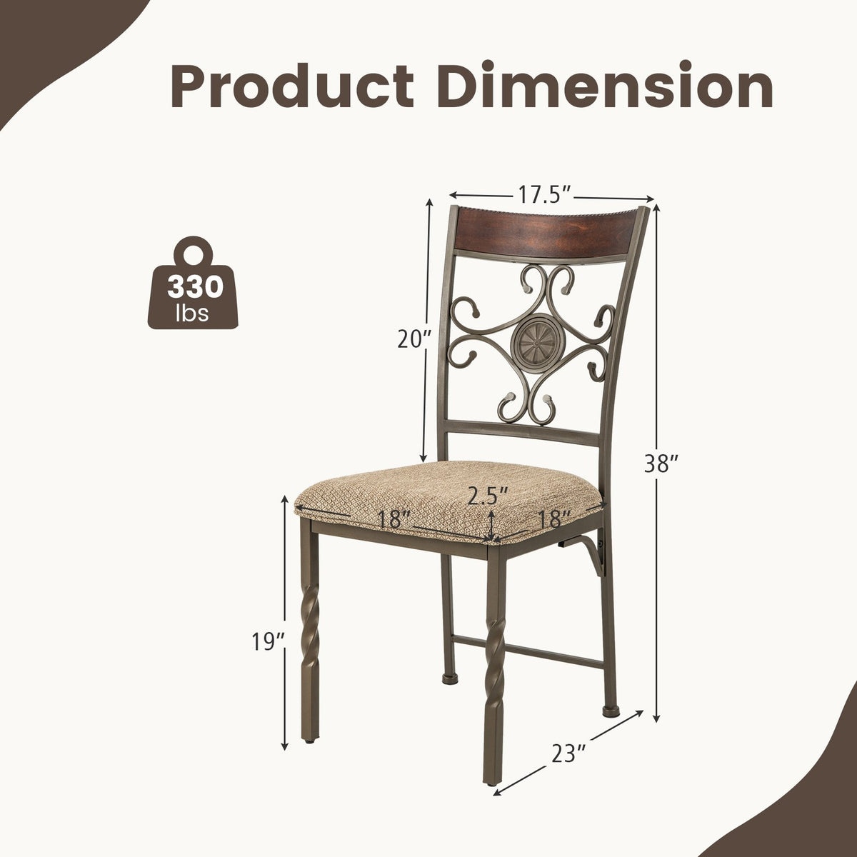 Set of 2 Dining Room Chairs Armless Kitchen Chairs Set with Seat Cushion-Brown view 4