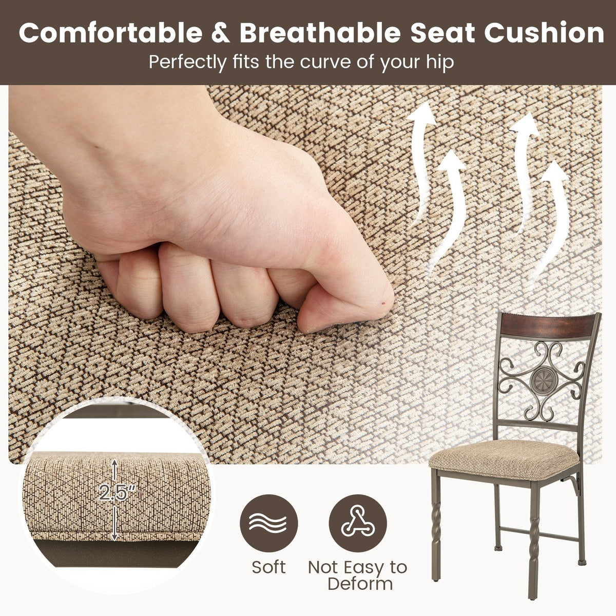 Set of 2 Dining Room Chairs Armless Kitchen Chairs Set with Seat Cushion-Brown view 7