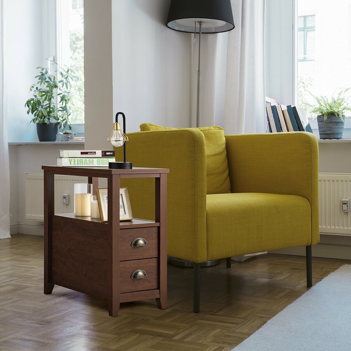 Set of 2 End Table Wooden with 2 Drawer & Shelf Bedside Table-Brown view 3