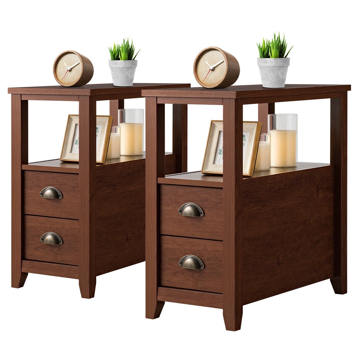 Set of 2 End Table Wooden with 2 Drawer & Shelf Bedside Table-Brown view 4