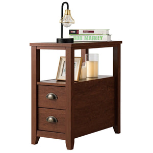 Set of 2 End Table Wooden with 2 Drawer & Shelf Bedside Table-Brown view 5