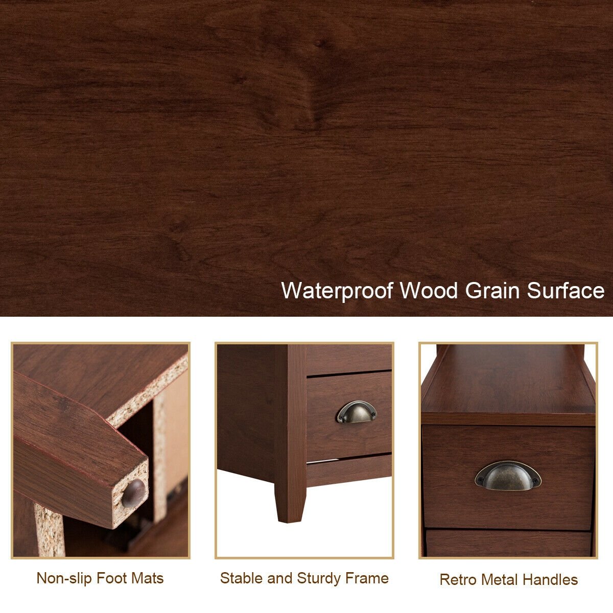 Set of 2 End Table Wooden with 2 Drawer & Shelf Bedside Table-Brown view 8