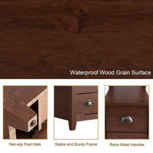 Set of 2 End Table Wooden with 2 Drawer & Shelf Bedside Table-Brown view 8