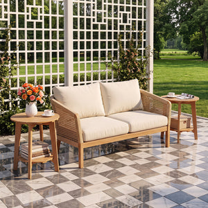 Set of 2 Eucalyptus Wood Side Table 2-Tier with Slatted Tabletop and Storage Shelf for Outdoor-Natural view 2