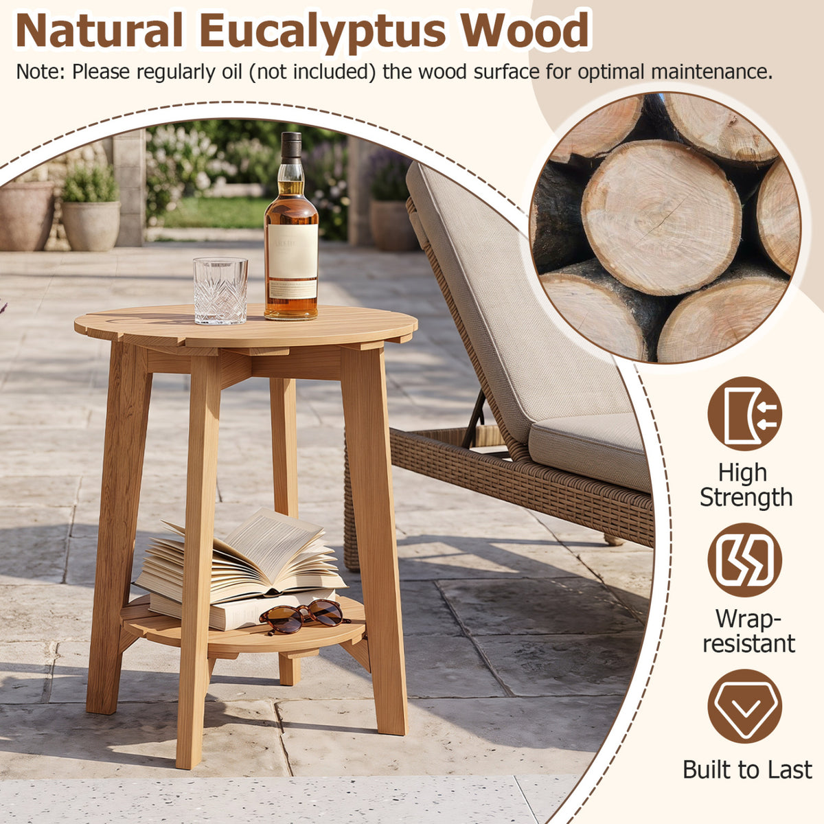 Set of 2 Eucalyptus Wood Side Table 2-Tier with Slatted Tabletop and Storage Shelf for Outdoor-Natural view 4