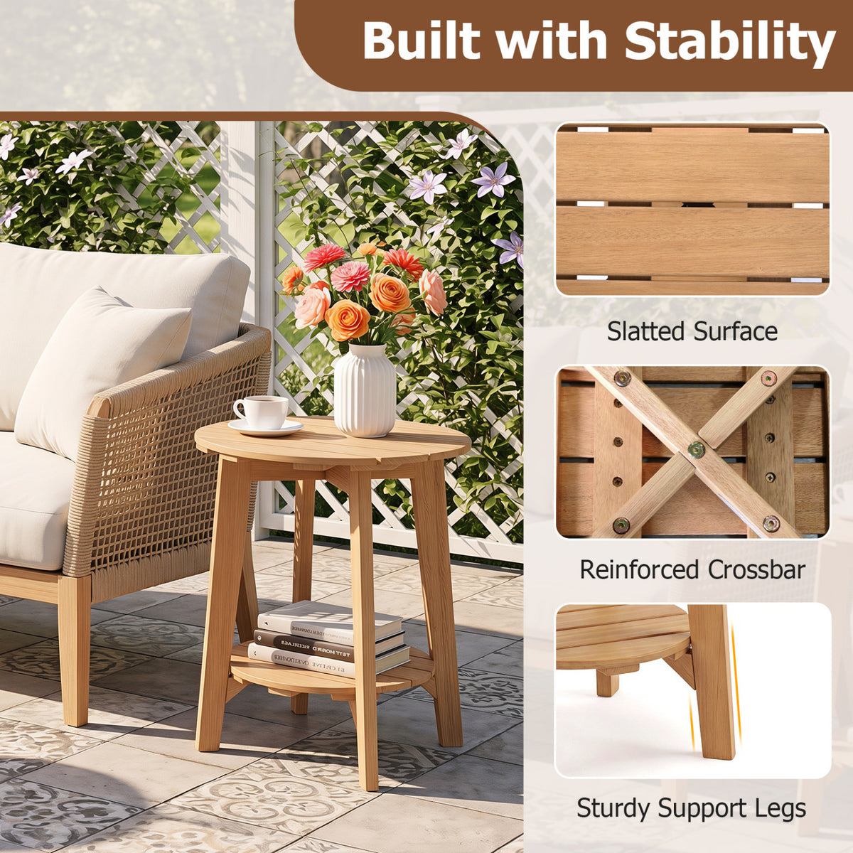 Set of 2 Eucalyptus Wood Side Table 2-Tier with Slatted Tabletop and Storage Shelf for Outdoor-Natural view 6