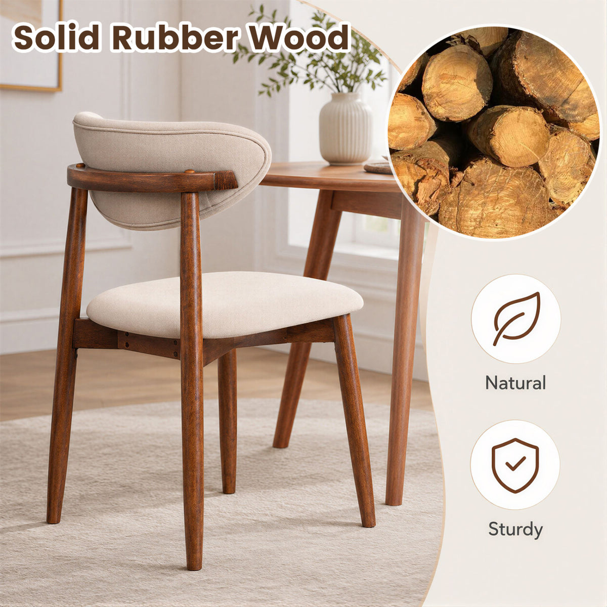 Set of 2 Fabric Upholstered Dining Chairs with Curved Backs-Beige view 5