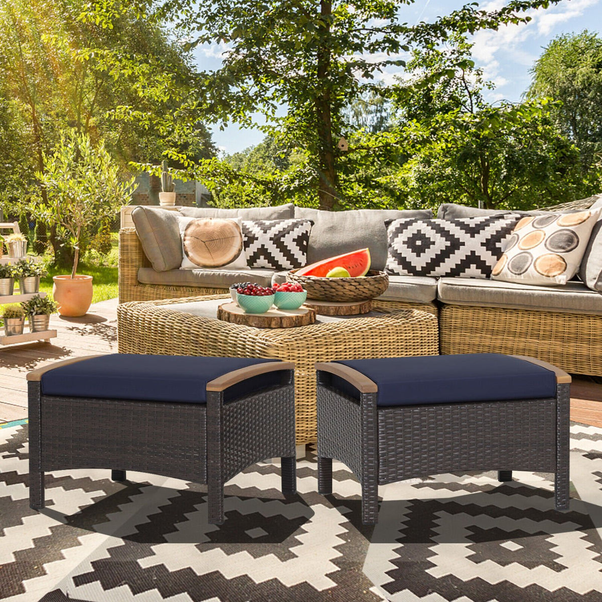 Set of 2 Fade-Resistant Wicker Patio Ottoman-Navy view 2