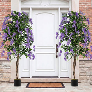 Set of 2 Fake Ficus Plant 6 FT Artificial Wisteria Tree with Natural Trunks and Purple Lifelike Flowers view 2