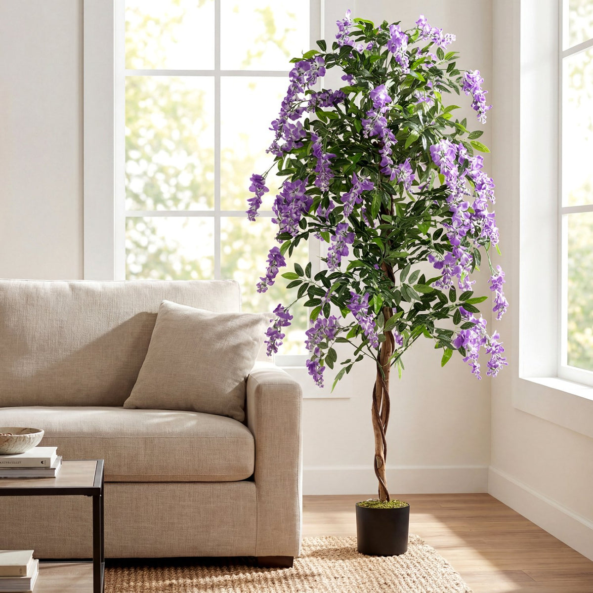 Set of 2 Fake Ficus Plant 6 FT Artificial Wisteria Tree with Natural Trunks and Purple Lifelike Flowers view 3