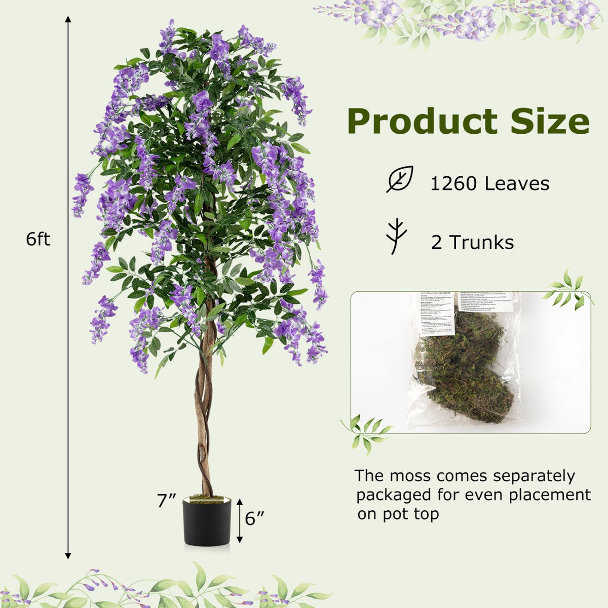 Set of 2 Fake Ficus Plant 6 FT Artificial Wisteria Tree with Natural Trunks and Purple Lifelike Flowers view 4