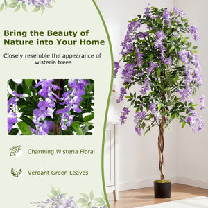 Set of 2 Fake Ficus Plant 6 FT Artificial Wisteria Tree with Natural Trunks and Purple Lifelike Flowers view 7