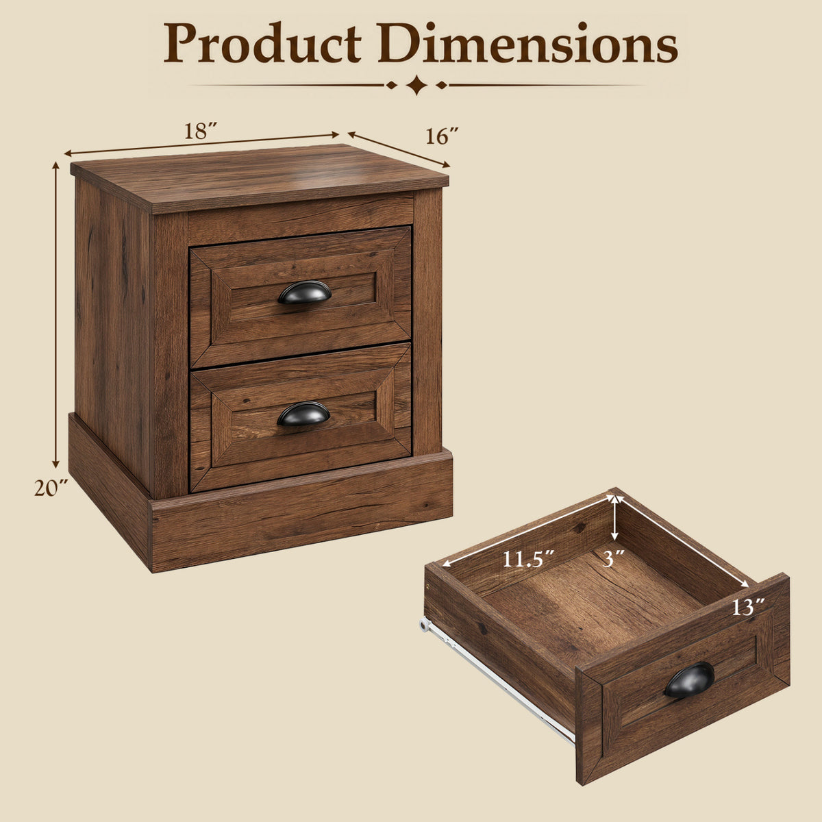 Set of 2 Farmhouse Nightstand with 2 Drawers & Storage for Living Room Bedroom-Brown view 3