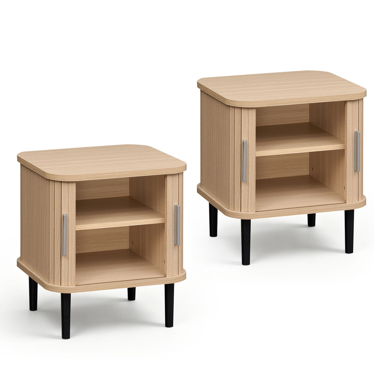 Set of 2 Fluted Nightstand with Sliding Doors and Adjustable Shelf for Small Spaces-Natural view 4