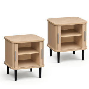 Set of 2 Fluted Nightstand with Sliding Doors and Adjustable Shelf for Small Spaces-Natural view 4