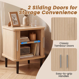 Set of 2 Fluted Nightstand with Sliding Doors and Adjustable Shelf for Small Spaces-Natural view 6