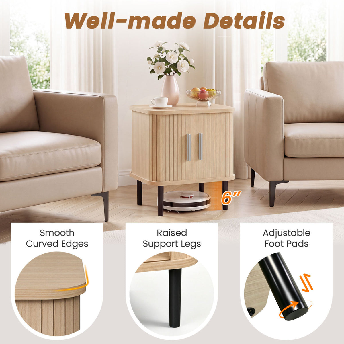 Set of 2 Fluted Nightstand with Sliding Doors and Adjustable Shelf for Small Spaces-Natural view 8