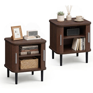 Set of 2 Fluted Nightstand with Sliding Doors and Adjustable Shelf for Small Spaces-Walnut