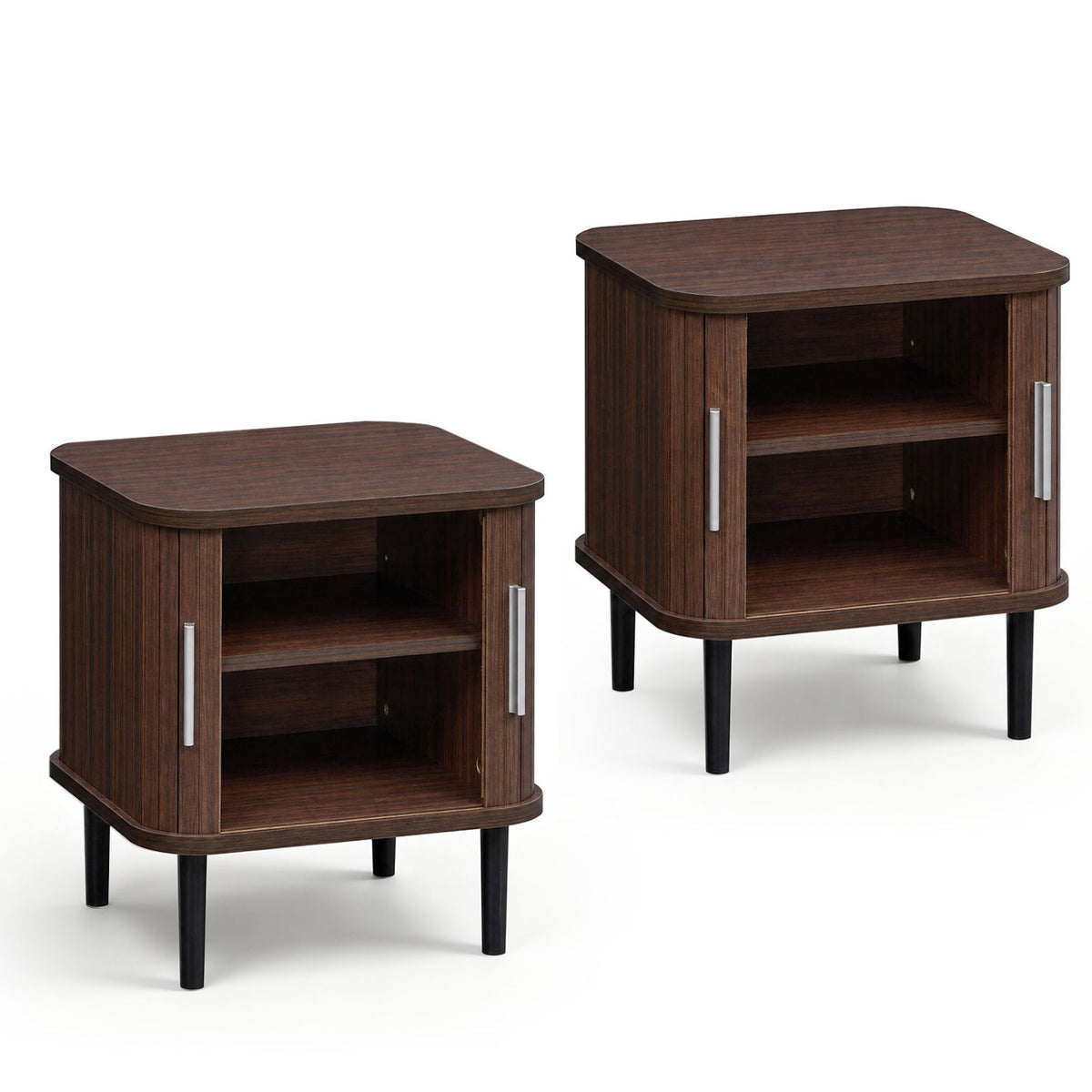 Set of 2 Fluted Nightstand with Sliding Doors and Adjustable Shelf for Small Spaces-Walnut view 4