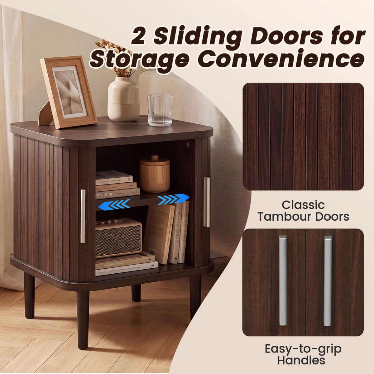 Set of 2 Fluted Nightstand with Sliding Doors and Adjustable Shelf for Small Spaces-Walnut view 6