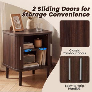 Set of 2 Fluted Nightstand with Sliding Doors and Adjustable Shelf for Small Spaces-Walnut view 6