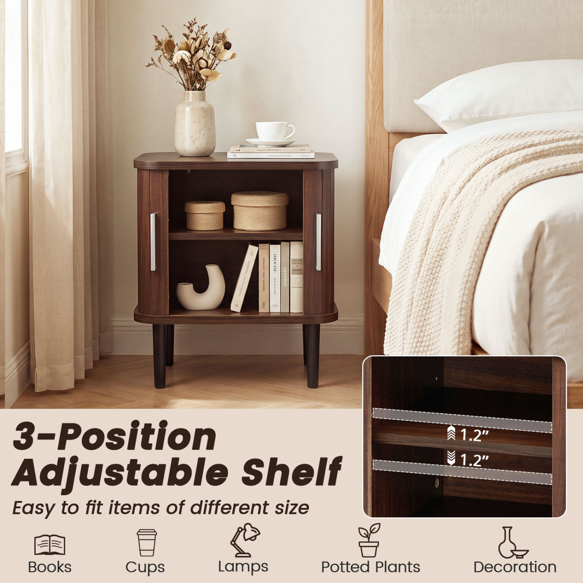 Set of 2 Fluted Nightstand with Sliding Doors and Adjustable Shelf for Small Spaces-Walnut view 7