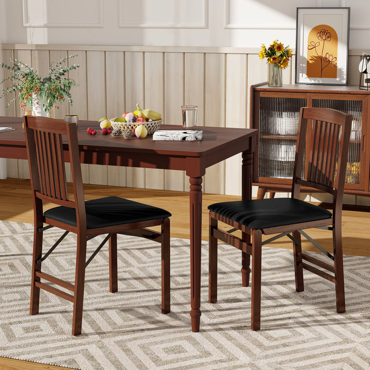 Set of 2 Foldable Upholstered Kitchen Chairs with Padded Seat-Brown view 2