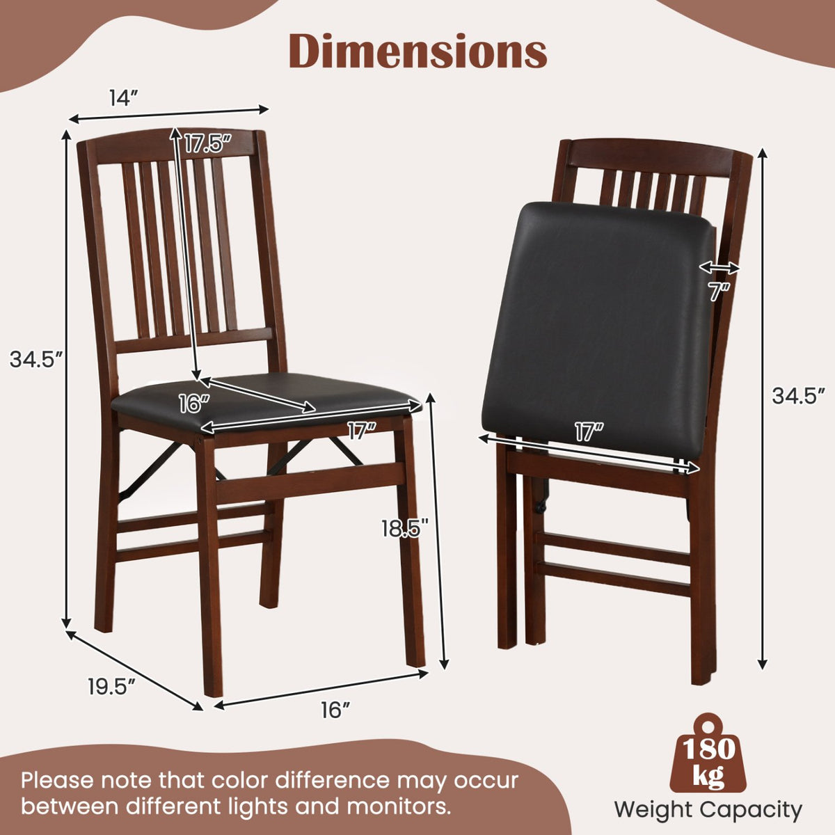 Set of 2 Foldable Upholstered Kitchen Chairs with Padded Seat-Brown view 4