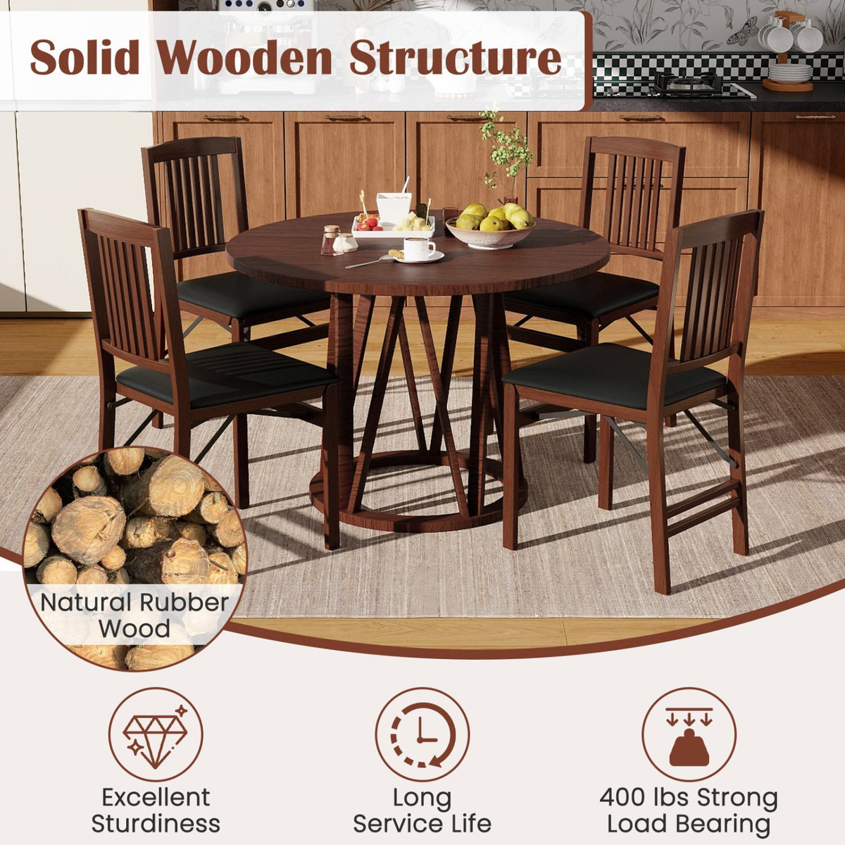 Set of 2 Foldable Upholstered Kitchen Chairs with Padded Seat-Brown view 6